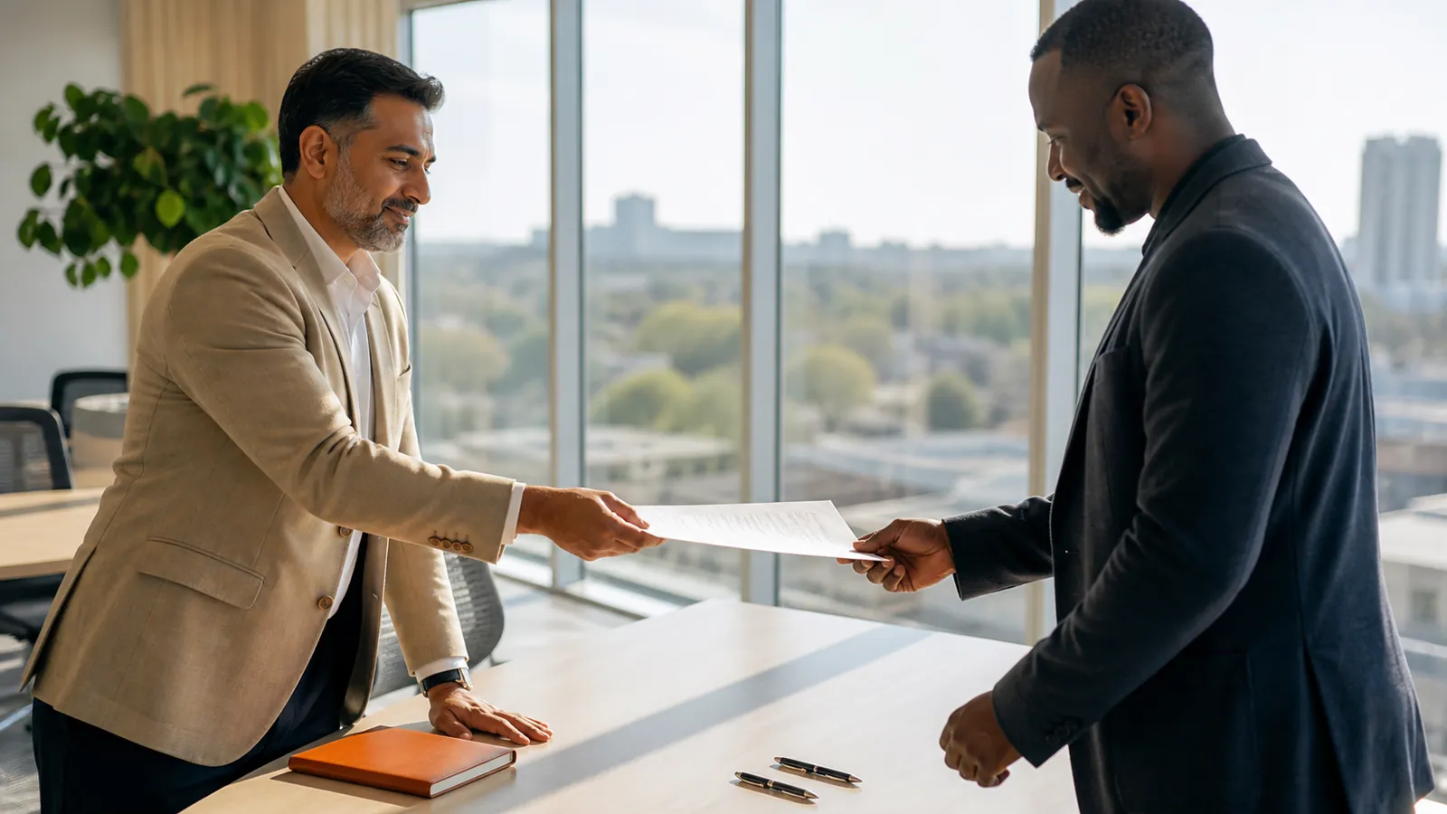 Signed agreement sliding across a sunlit table between two standing colleagues