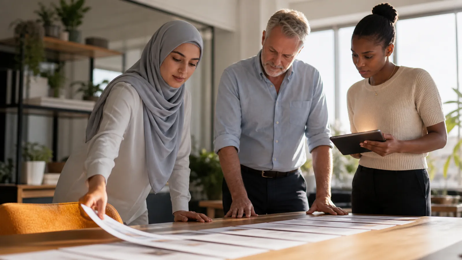 Three colleagues at a sunlit table sliding one page out of a row of eight identical profiles