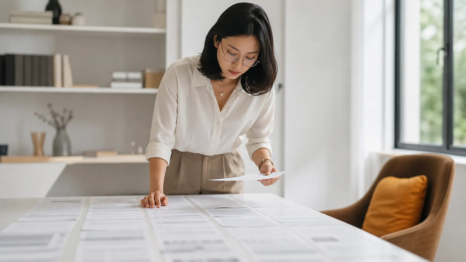 Counsel laying printed records into precise rows on a white table during an evidence review