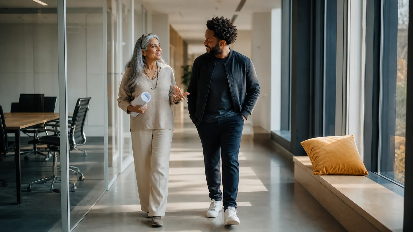 Counsel and founder walking a sunlit corridor after closing a classification review