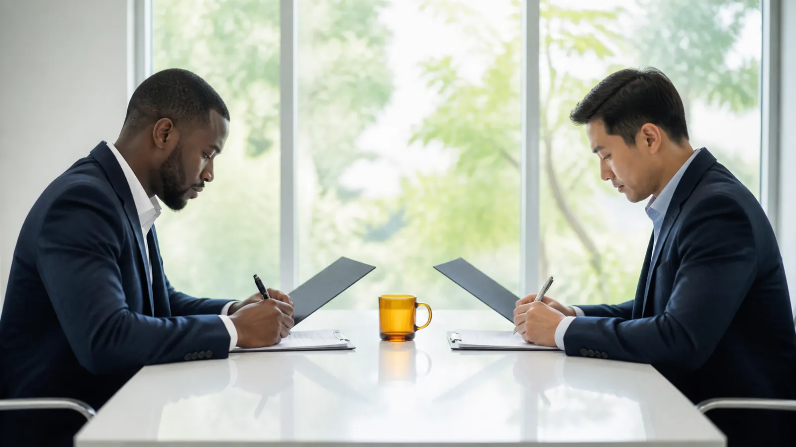 Two professionals facing each other across a table, each reading one of two matching quote folders