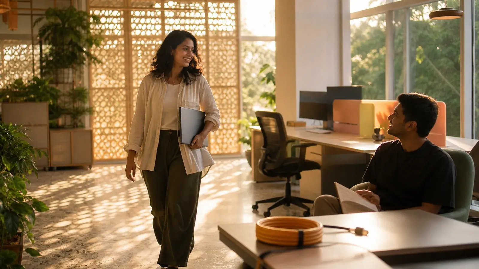 Engineer carrying a laptop through lattice shadows in a Hyderabad office at golden hour