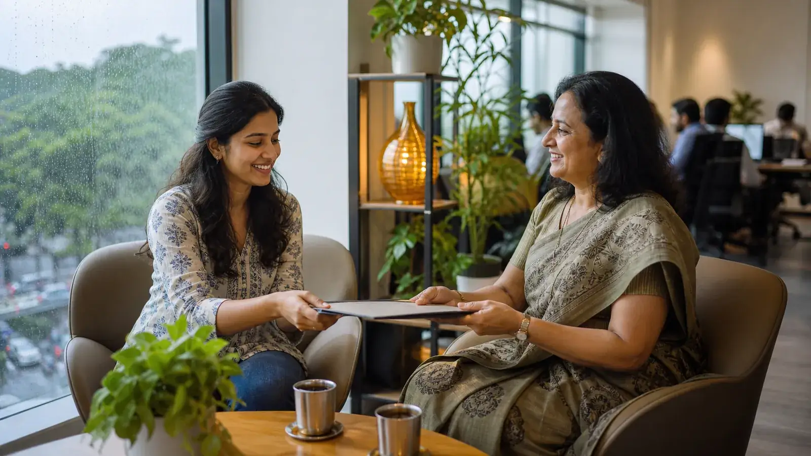 HR manager handing a new engineer her appointment letter folder in a Bangalore office on a rainy morning