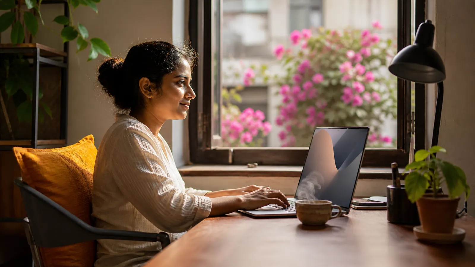Professional working at a Bangalore apartment desk in warm morning light with a cup of chai