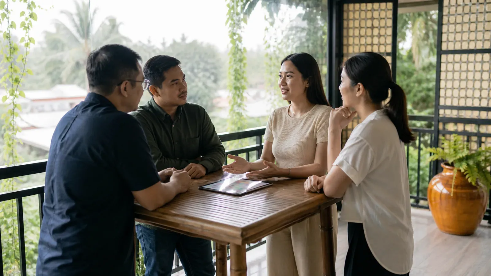 Standup huddle around a high table on a shaded Cebu office veranda after morning rain