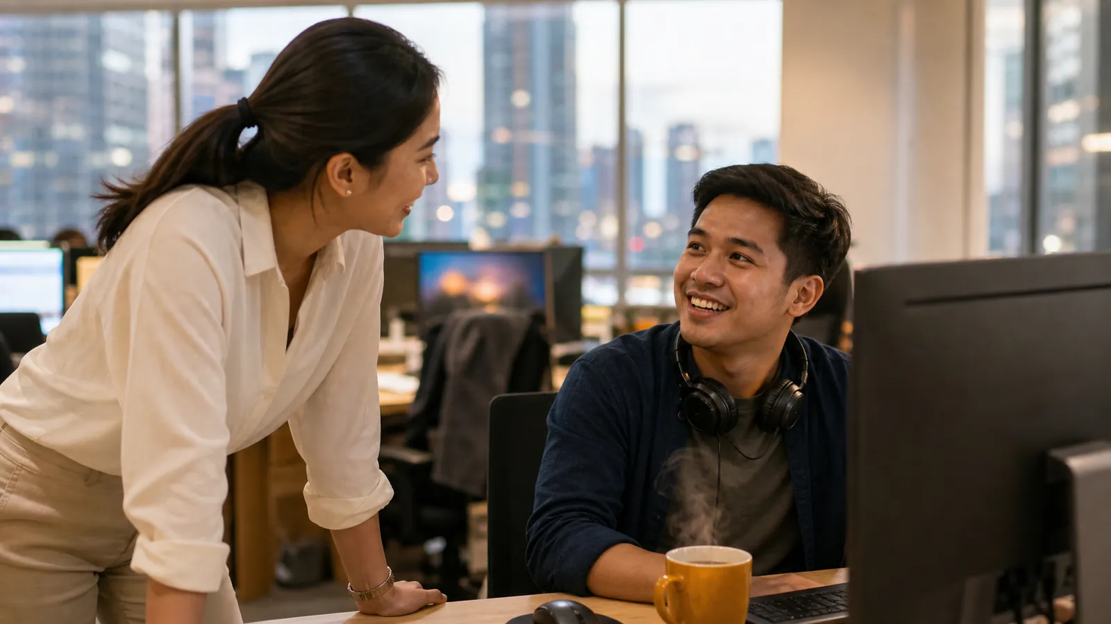 Evening shift handover between two colleagues in a Manila office as city lights glow outside