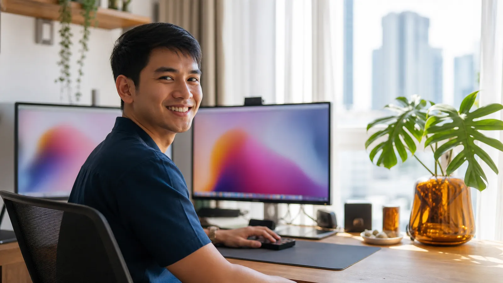 Smiling professional at a bright Manila condo desk in tropical daylight with city towers outside