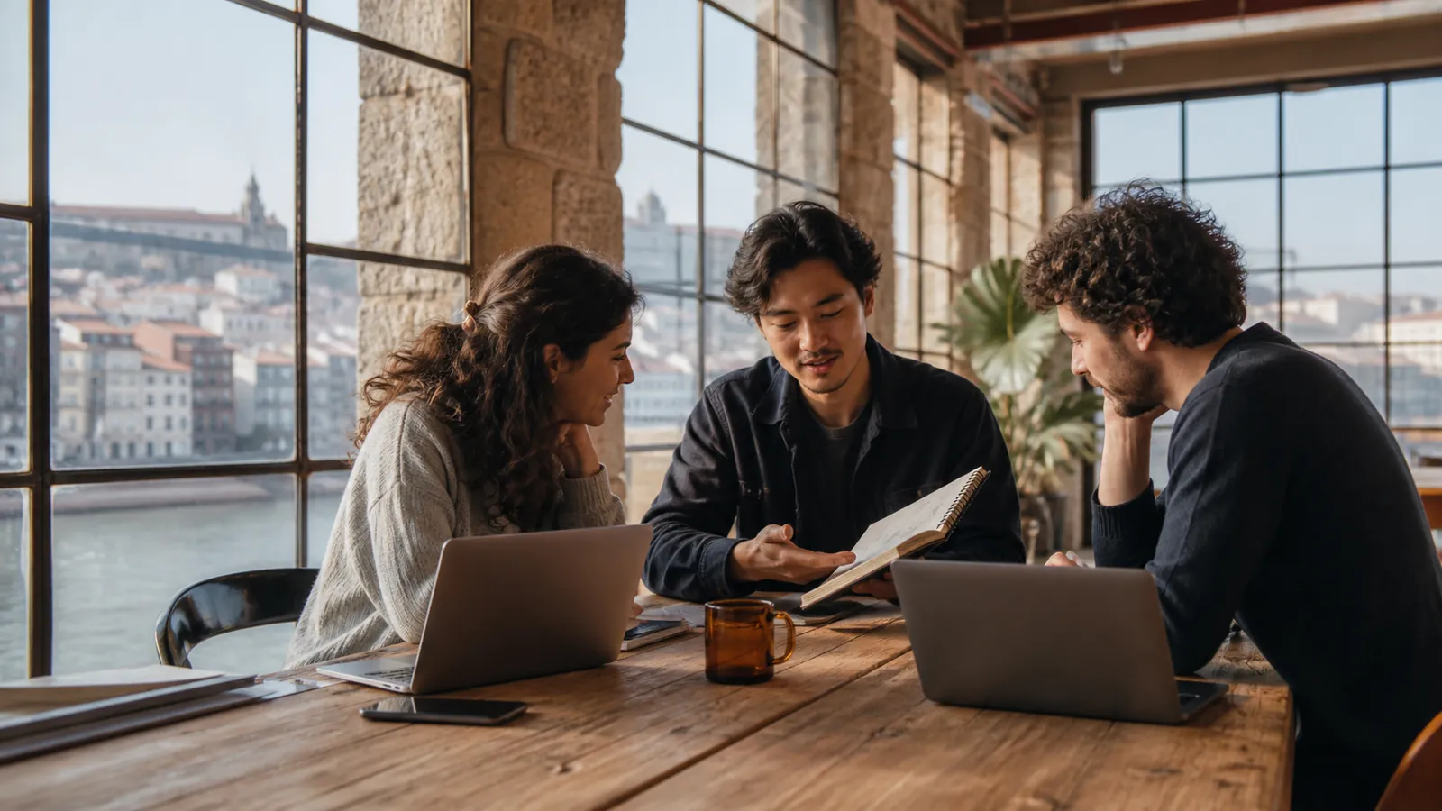 Small team collaborating at a wooden worktable in a converted Porto warehouse workspace