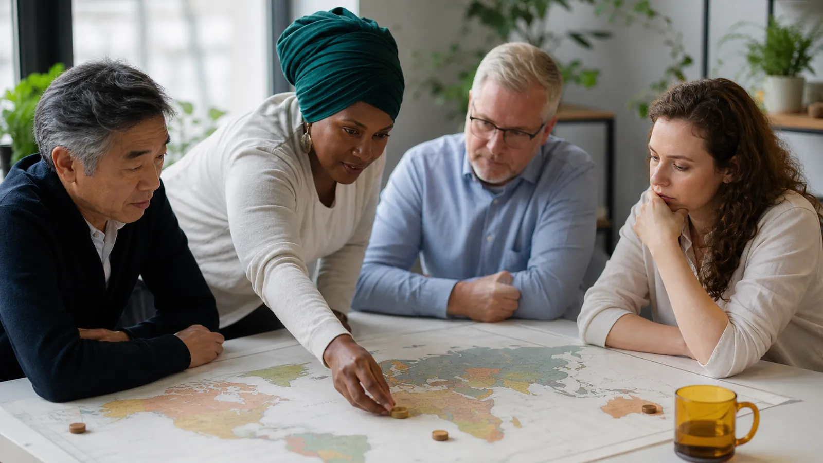Team placing a wooden token on an unlabeled world map to choose the next hiring country