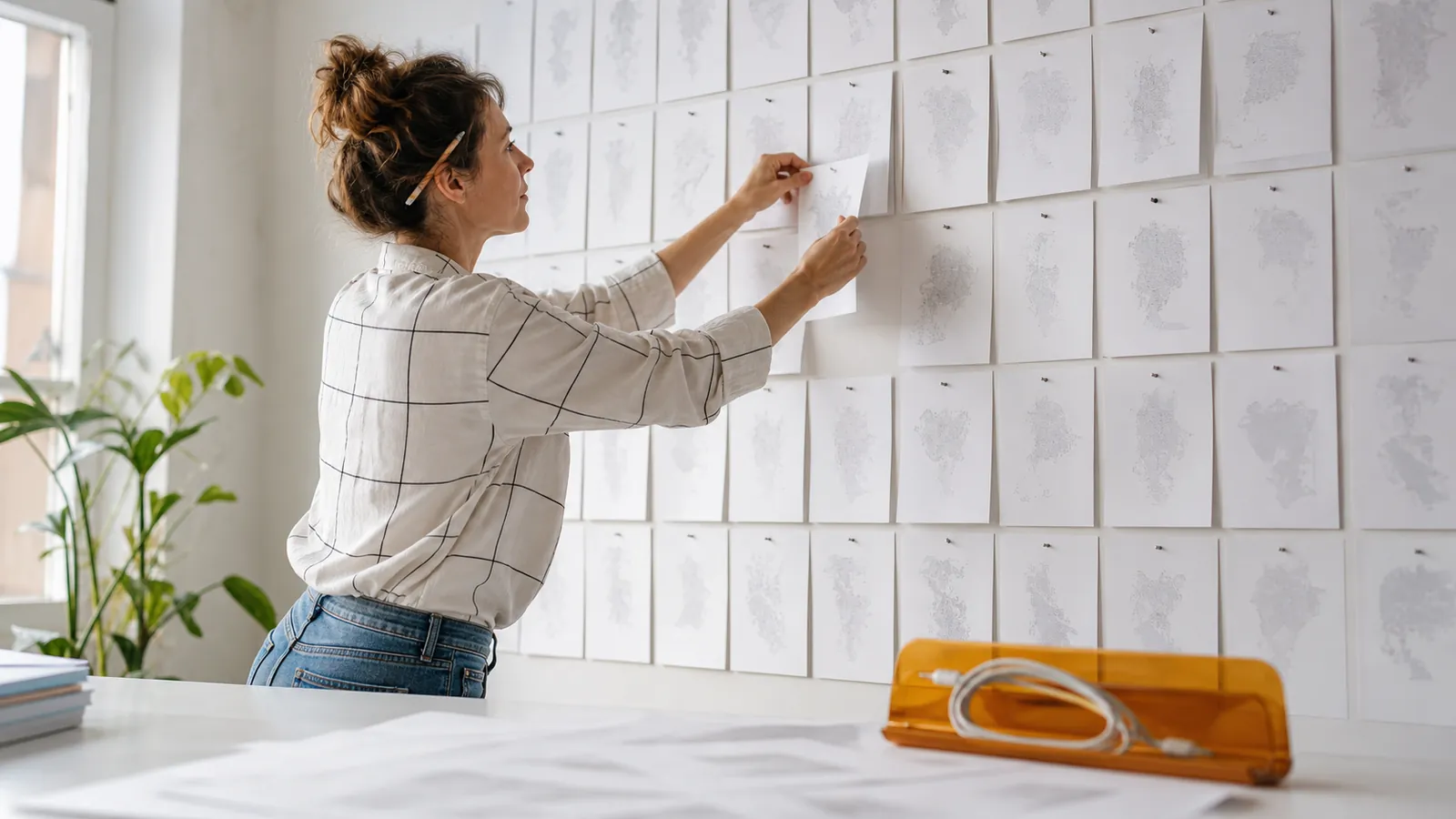 Researcher pinning a page into a wall grid of country sheets in a bright white studio