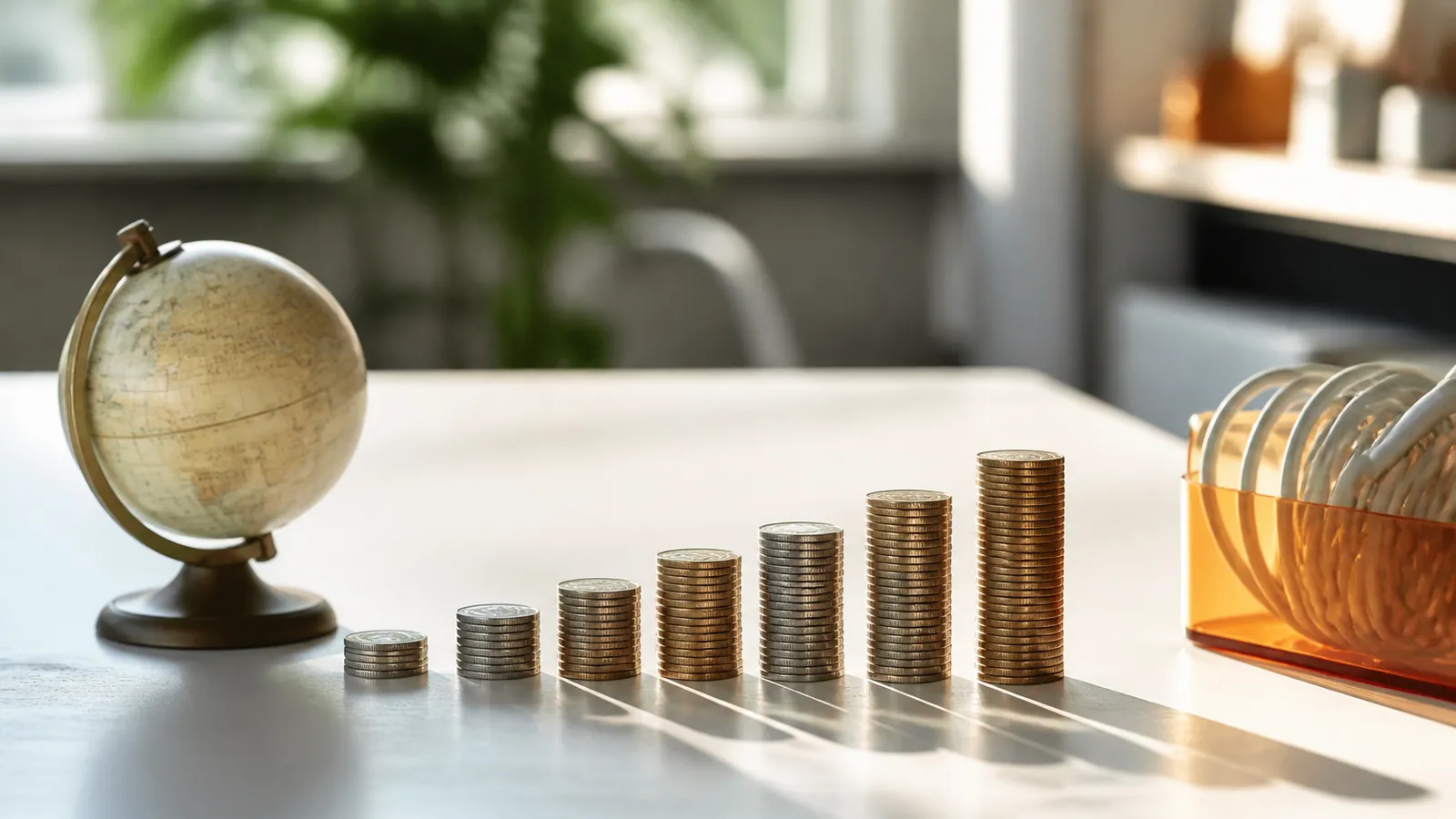 Unlabeled desk globe beside coin stacks of different heights on a clean desk in window light