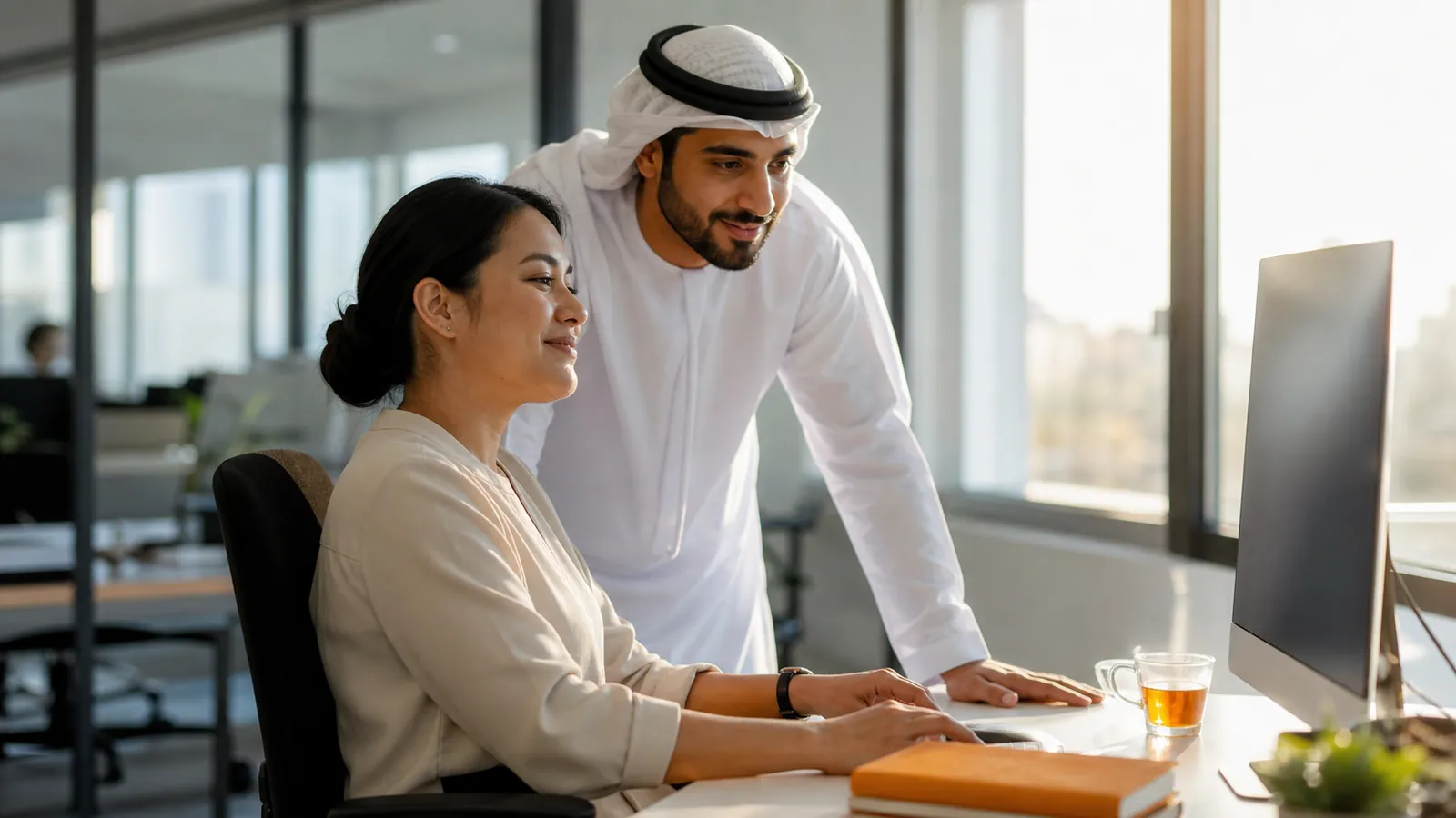 Two finance colleagues sharing a satisfied nod at a monitor's calm glow at quarter end
