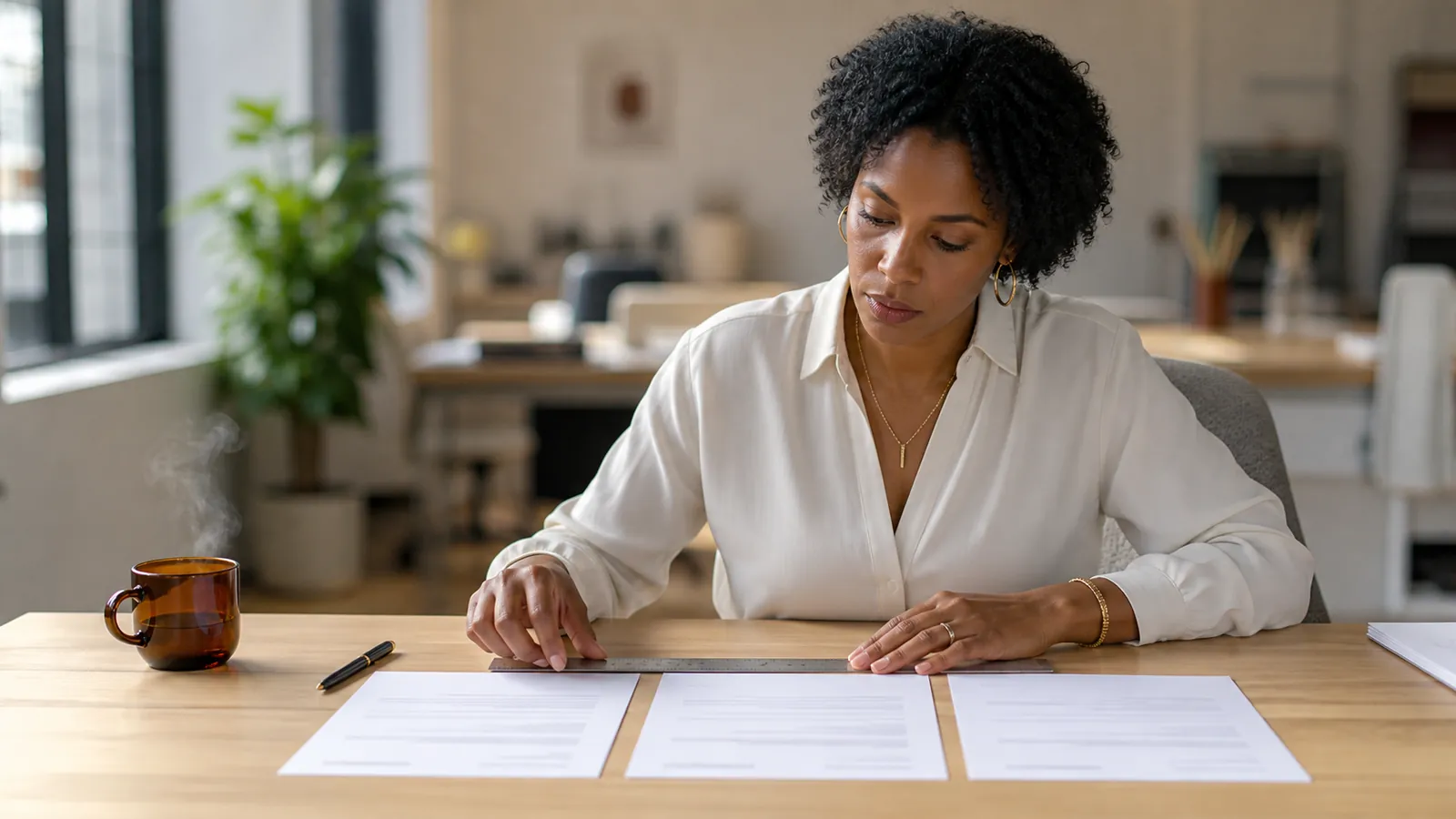 Finance lead aligning three identical quote pages with a steel ruler on a bright desk