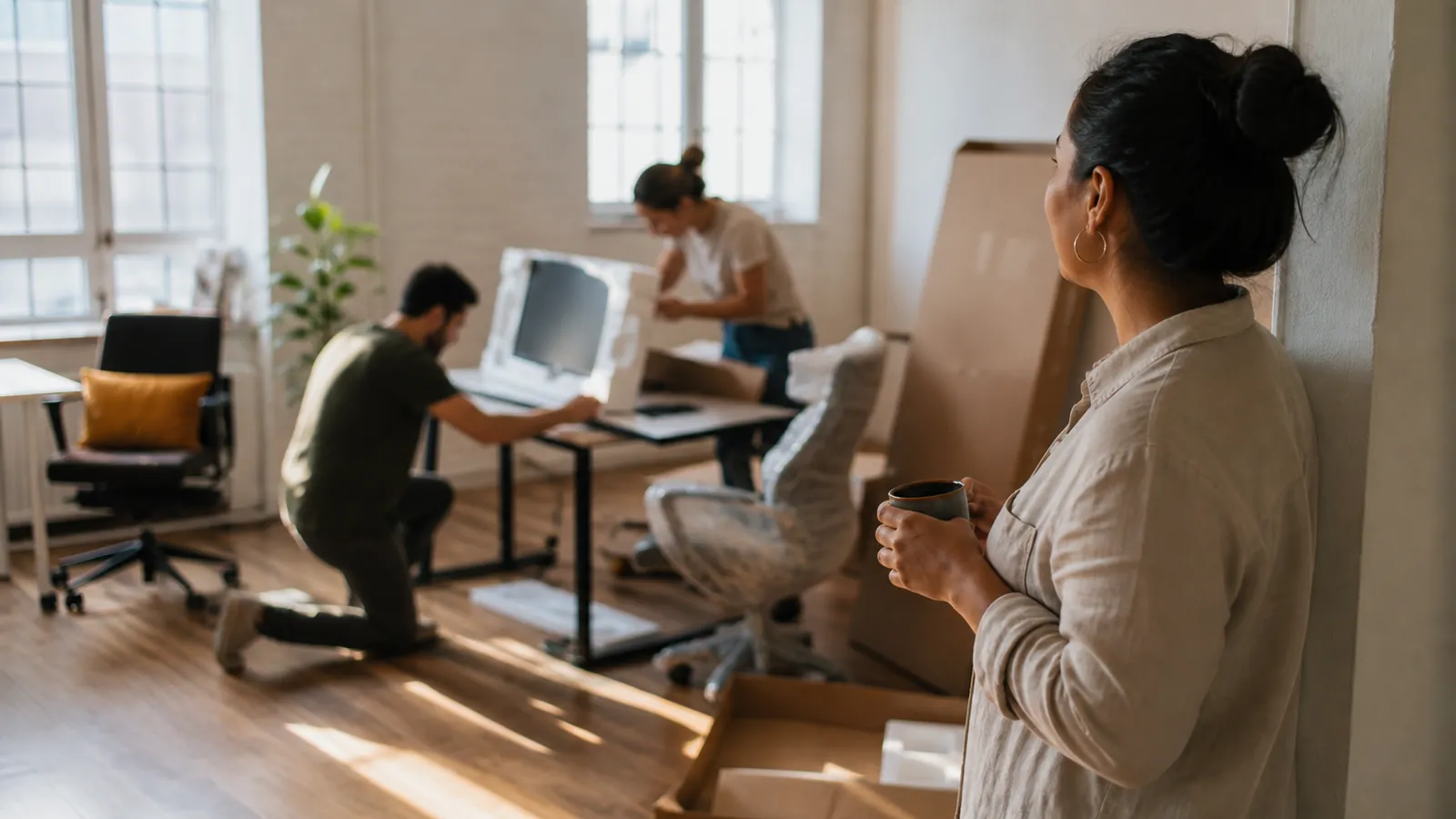 Founder pausing with coffee while colleagues assemble a new desk in a golden open-plan office
