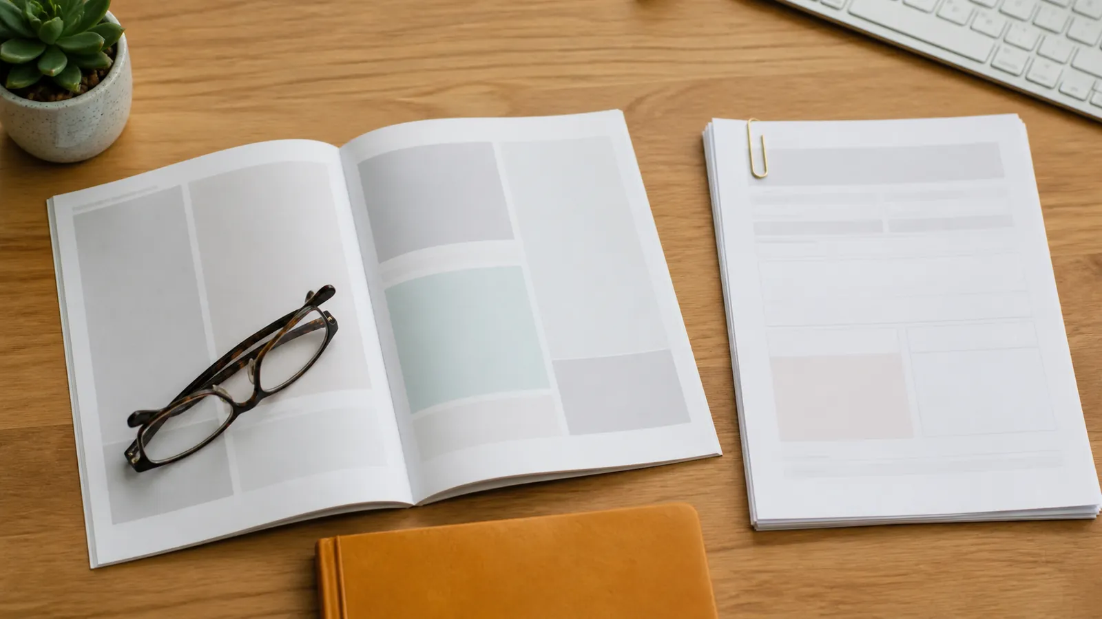 Overhead flat-lay of an open benefits booklet, folded glasses and completed forms on an oak desk