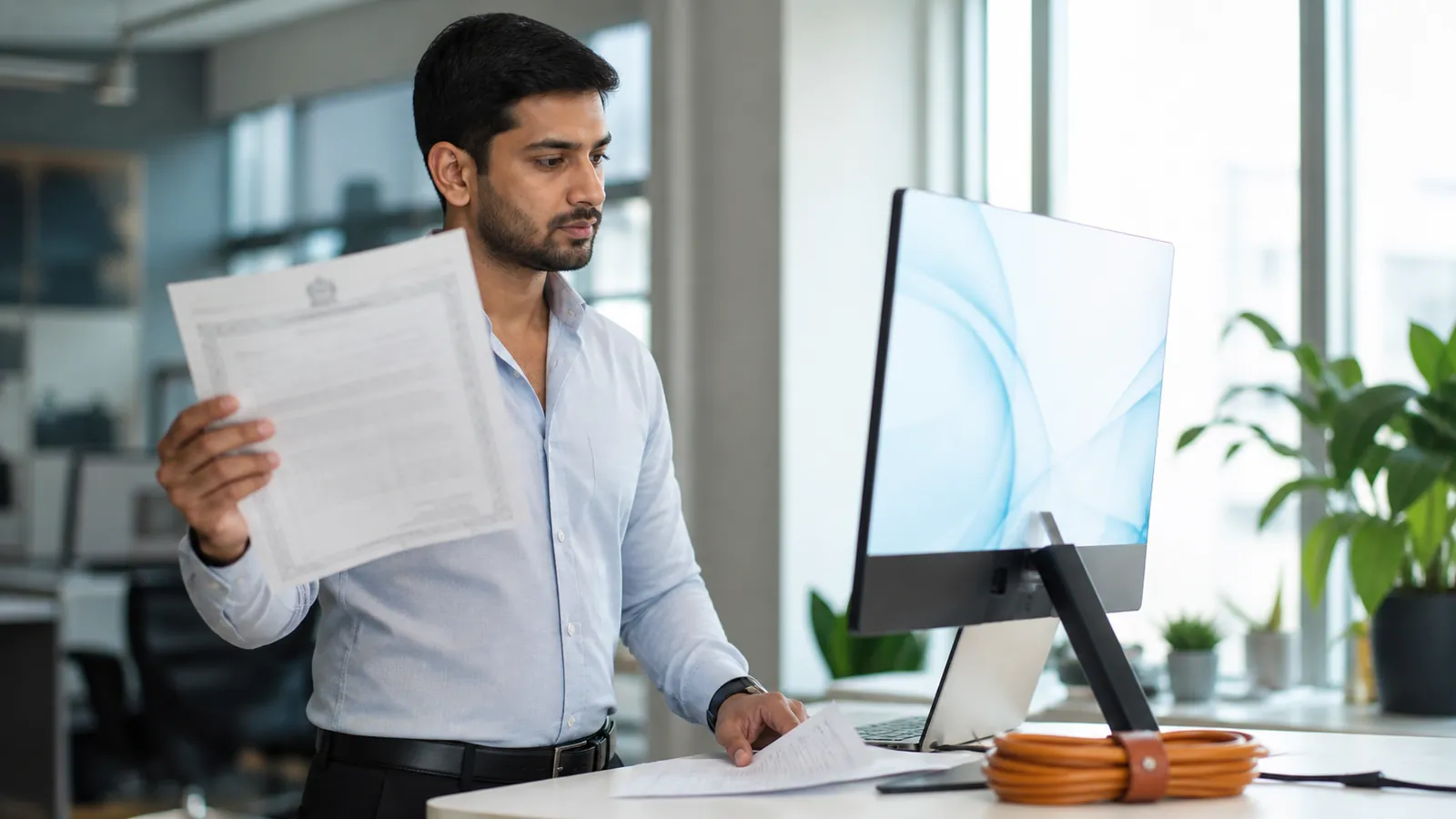 Analyst holding a certificate page beside a softly glowing monitor to verify a named employing entity