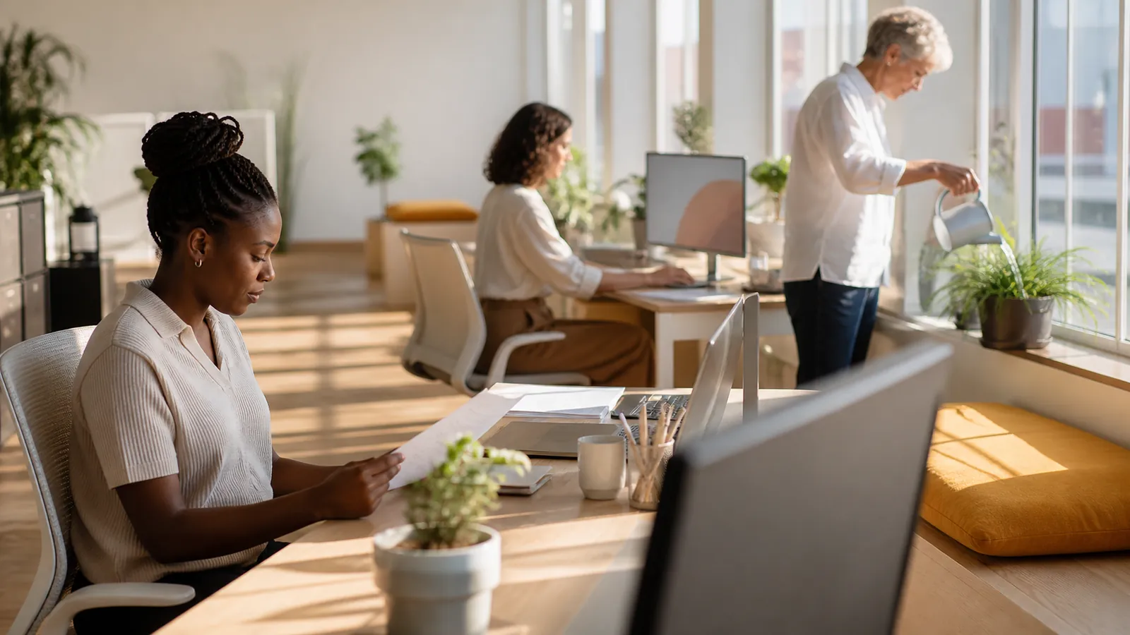 Wide view of a calm operations studio, three colleagues absorbed in quiet end-of-cycle work