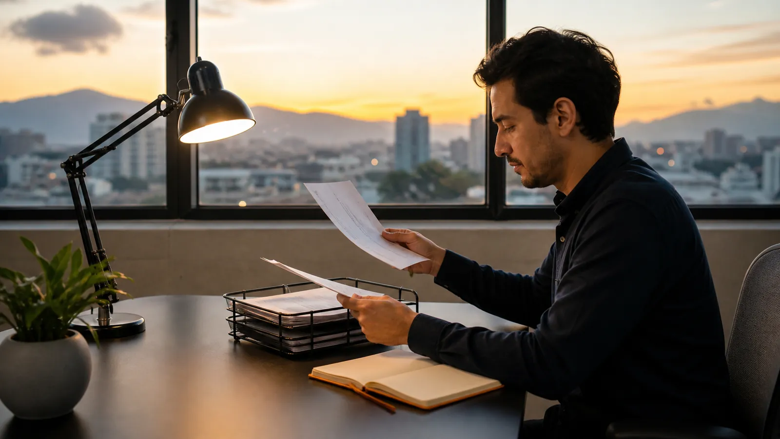 Operations manager signing a stack of invoices at dawn in a home studio, out-tray filling