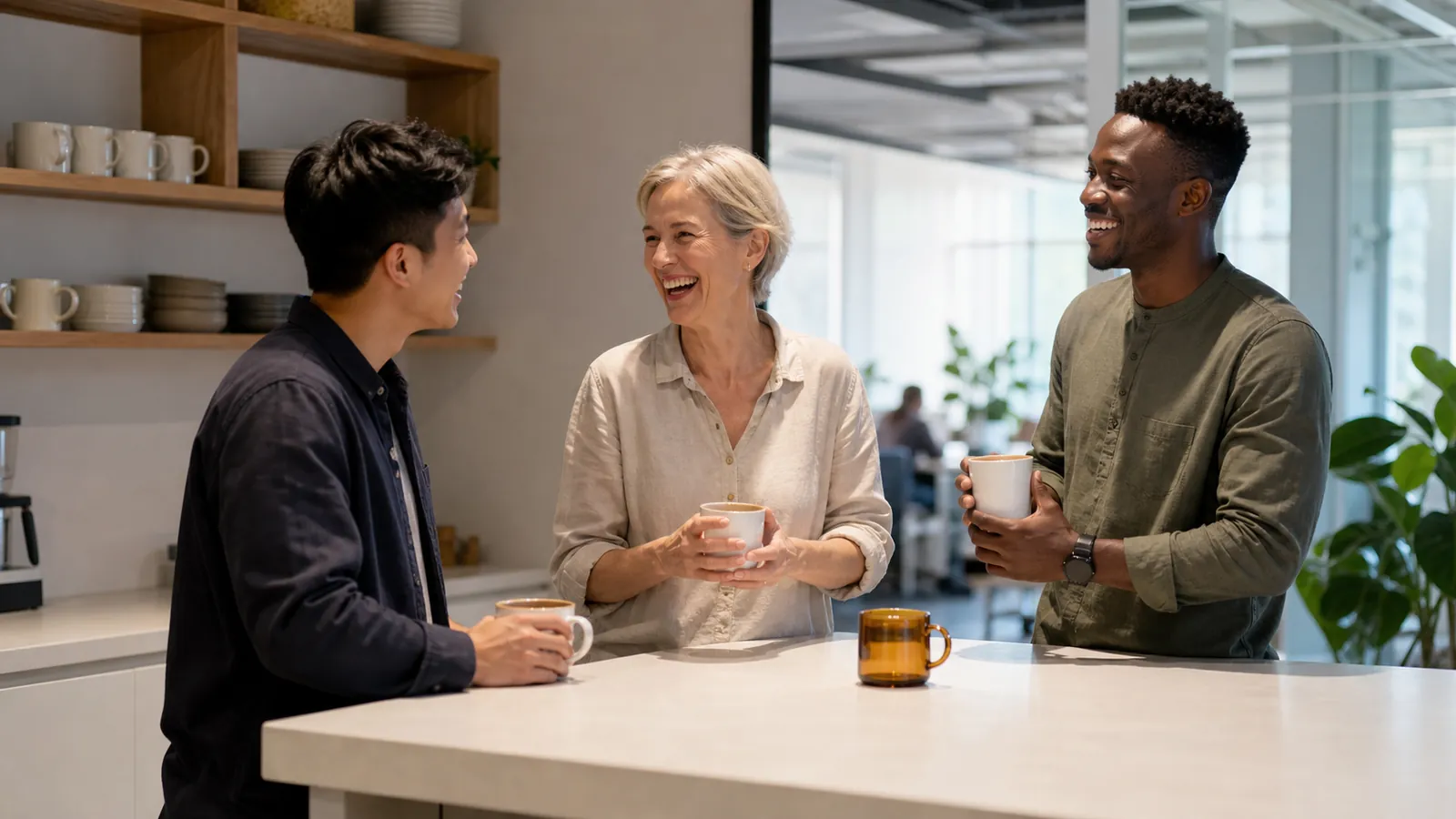 Three colleagues laughing over coffee at an office kitchen counter, remote hiring long since routine